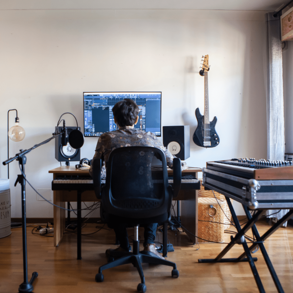 An image of a man recording in a small home studio setup. The room features a simple setup with a bass guitar hanging on the wall, a recording computer on a desk where the man is working, and a keyboard positioned next to the desk. This minimalist home studio provides all the essentials for music production within the comfort of a residential space.