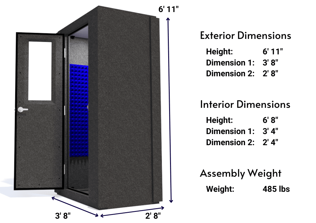 Side view image of a WhisperRoom MDL 4230 S with the door open, featuring blue acoustic foam lining the interior. Marked dimensions for both the exterior and interior provide a clear indication of the booth's size and spatial layout.