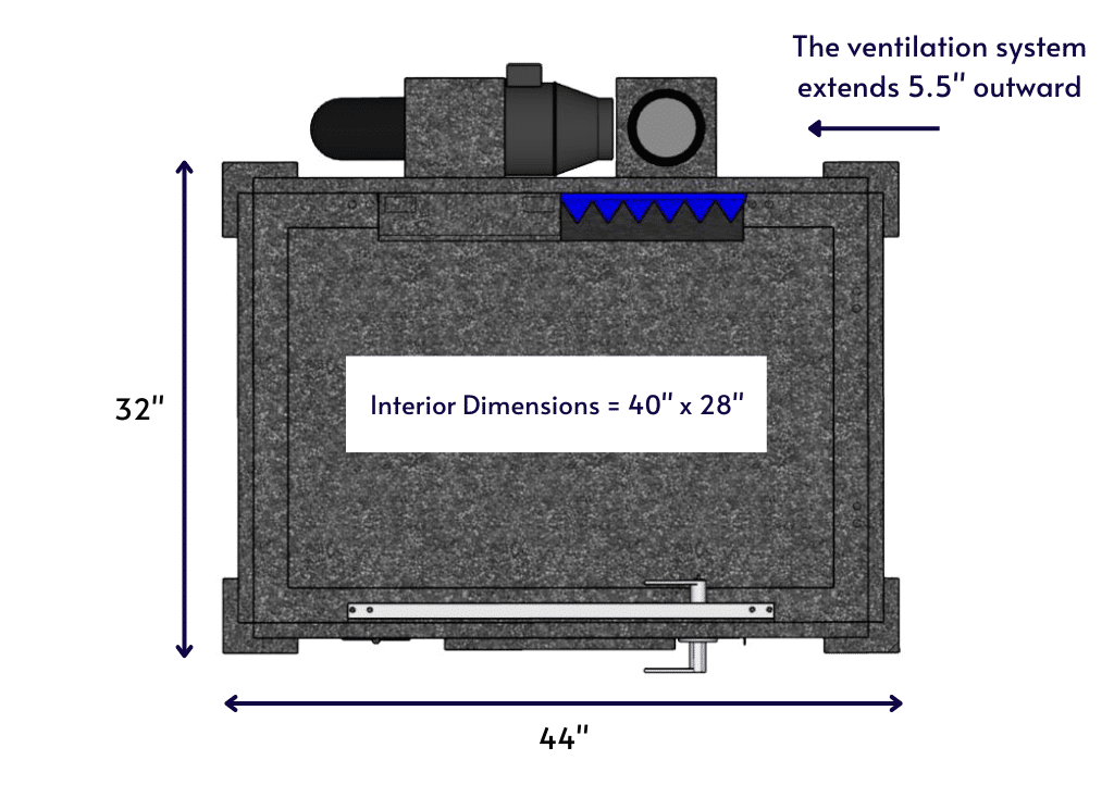 Top-down diagram of a WhisperRoom MDL 4230 S, displaying the interior and exterior dimensions.