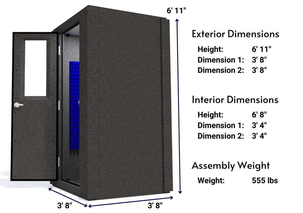 Side view image of a WhisperRoom MDL 4242 S with the door open, featuring blue acoustic foam lining the interior. Marked dimensions for both the exterior and interior provide a clear indication of the booth's size and spatial layout.