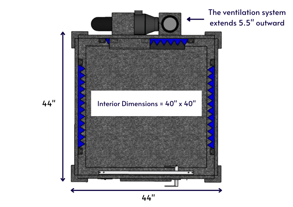 Top-down diagram of a WhisperRoom MDL 4242 S, displaying the interior and exterior dimensions.