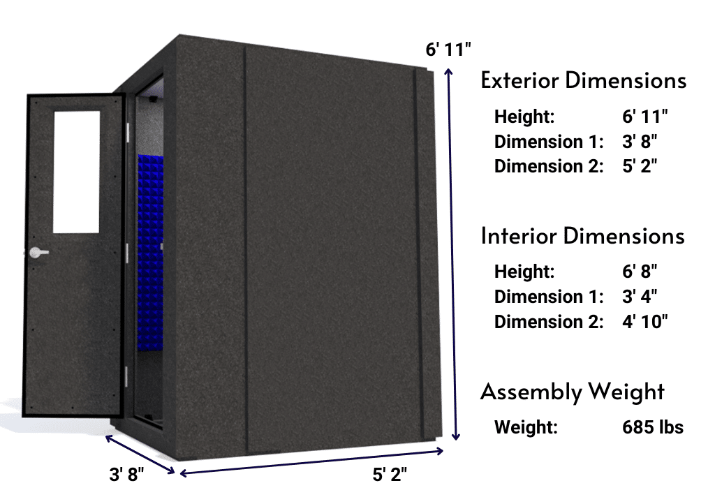 Side view image of a WhisperRoom MDL 4260 S with the door open, featuring blue acoustic foam lining the interior. Marked dimensions for both the exterior and interior provide a clear indication of the booth's size and spatial layout.