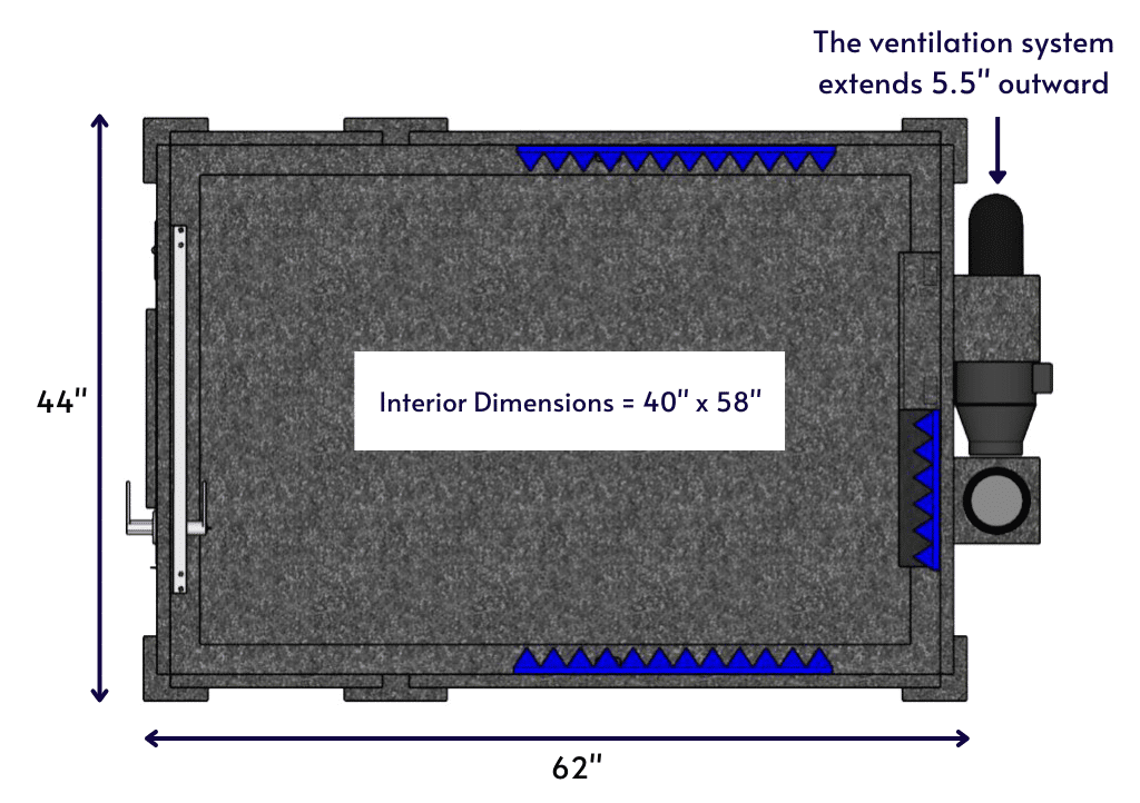 Top-down diagram of a WhisperRoom MDL 4260 S, displaying the interior and exterior dimensions.