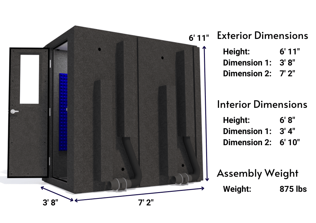 Side view image of a WhisperRoom MDL 4284 S with the door open, featuring blue acoustic foam lining the interior. Marked dimensions for both the exterior and interior provide a clear indication of the booth's size and spatial layout.