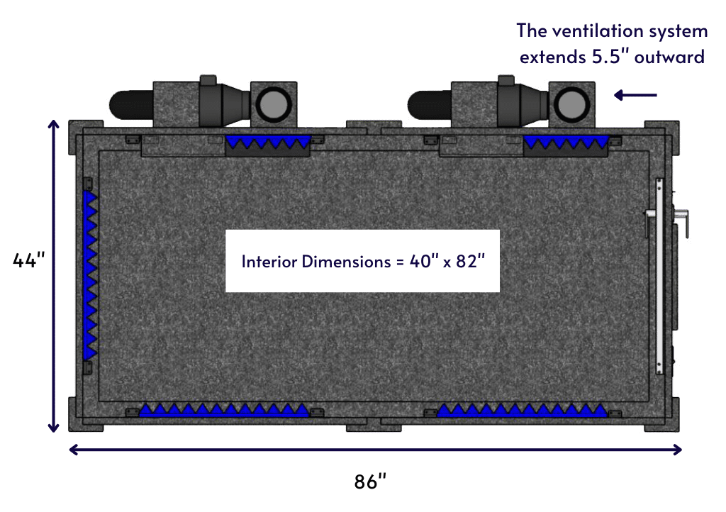 Top-down diagram of a WhisperRoom MDL 4284 S, displaying the interior and exterior dimensions.