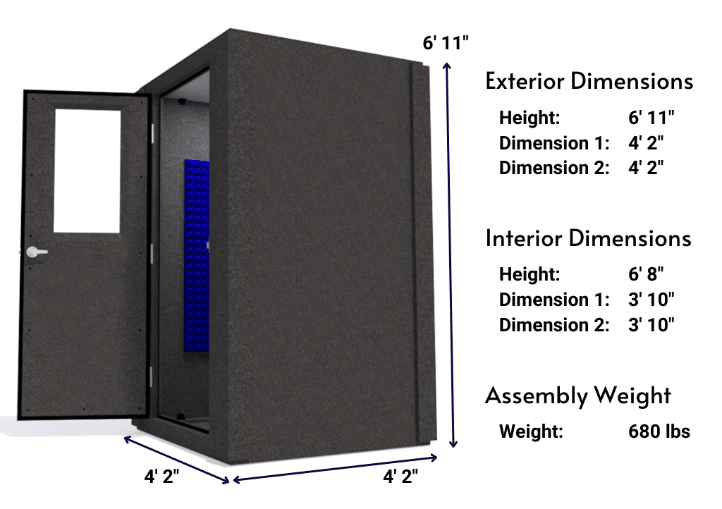 Side view image of a WhisperRoom MDL 4848 S with the door open, featuring blue acoustic foam lining the interior. Marked dimensions for both the exterior and interior provide a clear indication of the booth's size and spatial layout.