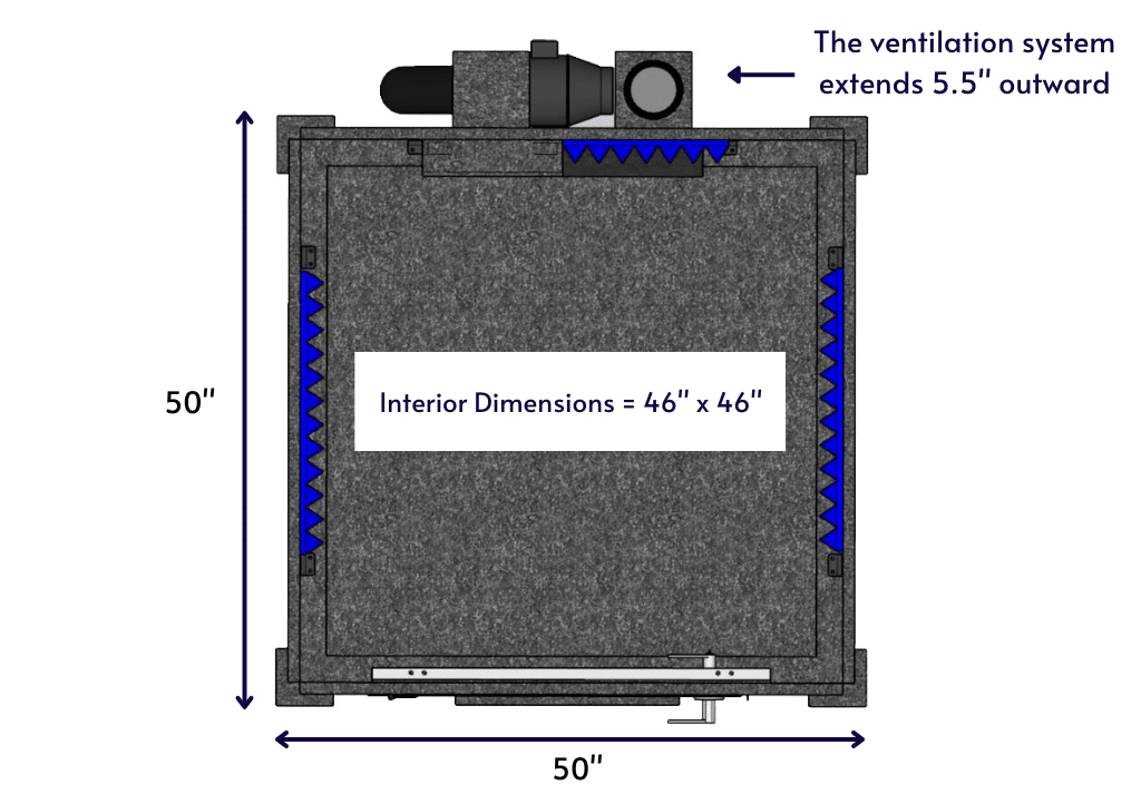Top-down diagram of a WhisperRoom MDL 4848 S, displaying the interior and exterior dimensions.