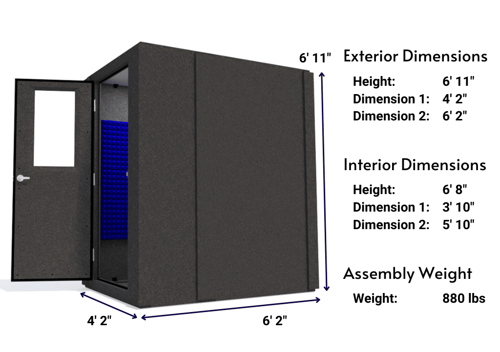 Side view image of a WhisperRoom MDL 4872 S with the door open, featuring blue acoustic foam lining the interior. Marked dimensions for both the exterior and interior provide a clear indication of the booth's size and spatial layout.