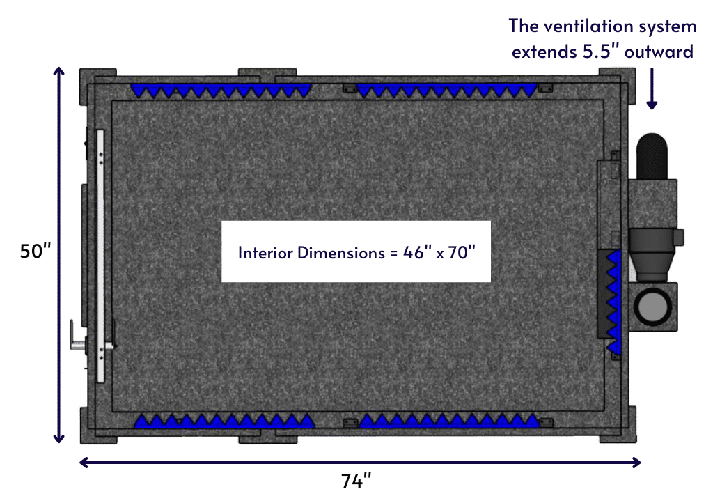 Top-down diagram of a WhisperRoom MDL 4872 S, displaying the interior and exterior dimensions.