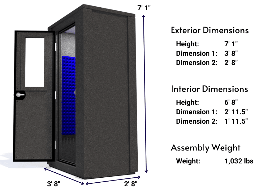 Side view image of a WhisperRoom MDL 4230 E with the door open, featuring blue acoustic foam lining the interior. Marked dimensions for both the exterior and interior provide a clear indication of the booth's size and spatial layout.