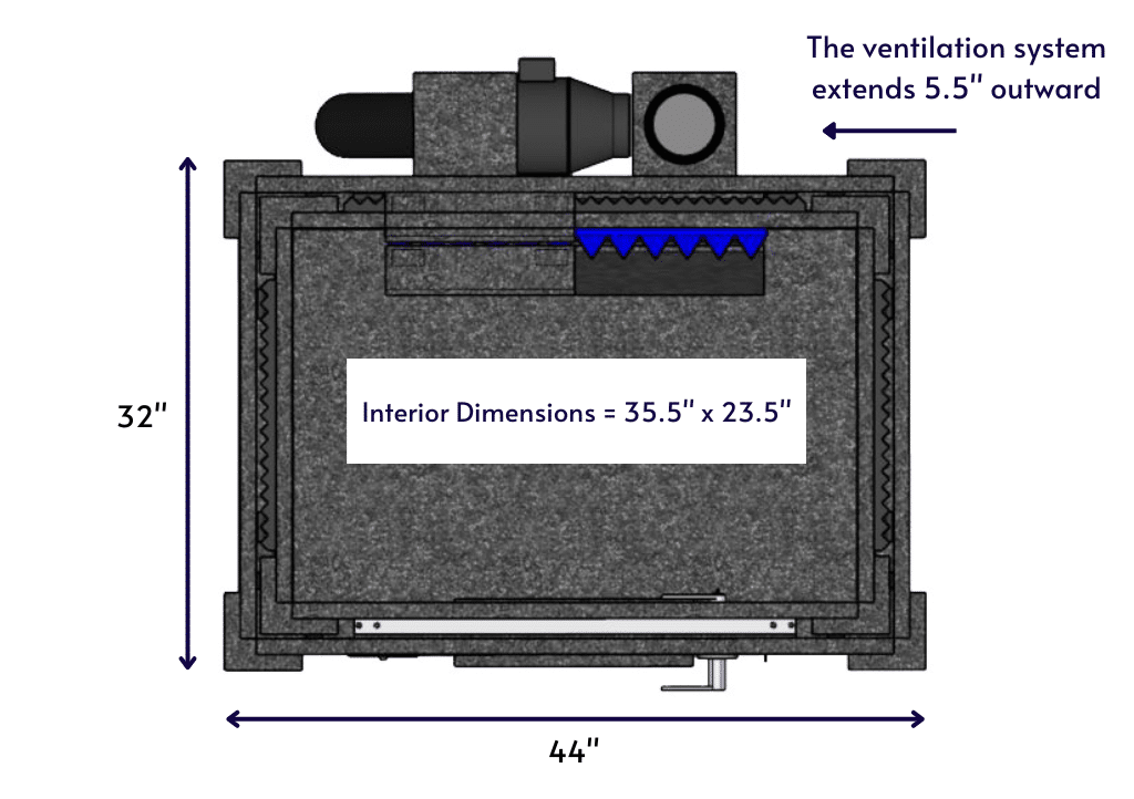 Top-down diagram of a WhisperRoom MDL 4230 E, displaying the interior and exterior dimensions.