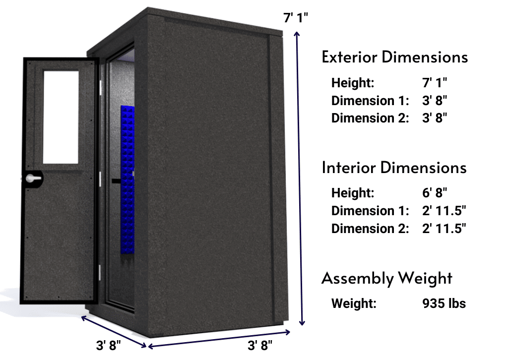 Side view image of a WhisperRoom MDL 4242 E with the door open, featuring blue acoustic foam lining the interior. Marked dimensions for both the exterior and interior provide a clear indication of the booth's size and spatial layout.