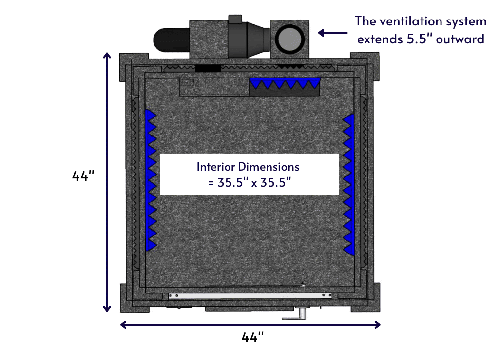 Top-down diagram of a WhisperRoom MDL 4242 E, displaying the interior and exterior dimensions. The image provides a detailed layout of the booth, including the arrangement of blue acoustic foam on the inside walls.