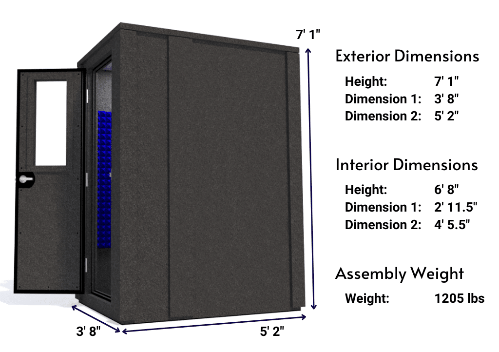 Side view image of a WhisperRoom MDL 4260 E with the door open, featuring blue acoustic foam lining the interior. Marked dimensions for both the exterior and interior provide a clear indication of the booth's size and spatial layout.