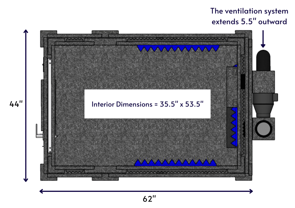 Top-down diagram of a WhisperRoom MDL 4260 E, displaying the interior and exterior dimensions.