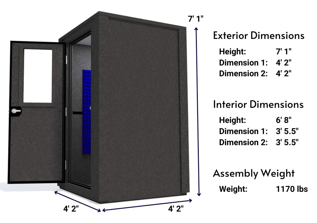 Side view image of a WhisperRoom MDL 4848 E with the door open, featuring blue acoustic foam lining the interior. Marked dimensions for both the exterior and interior provide a clear indication of the booth's size and spatial layout.