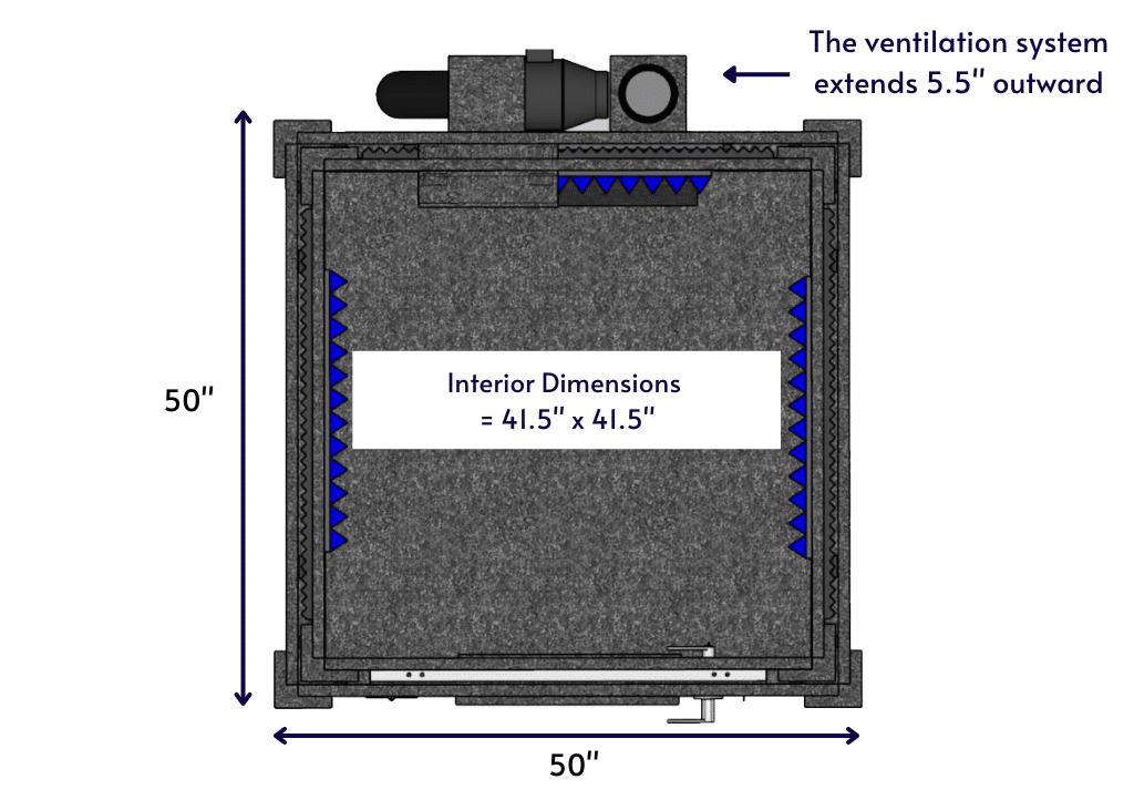 Top-down diagram of a WhisperRoom MDL 4848 E, displaying the interior and exterior dimensions.