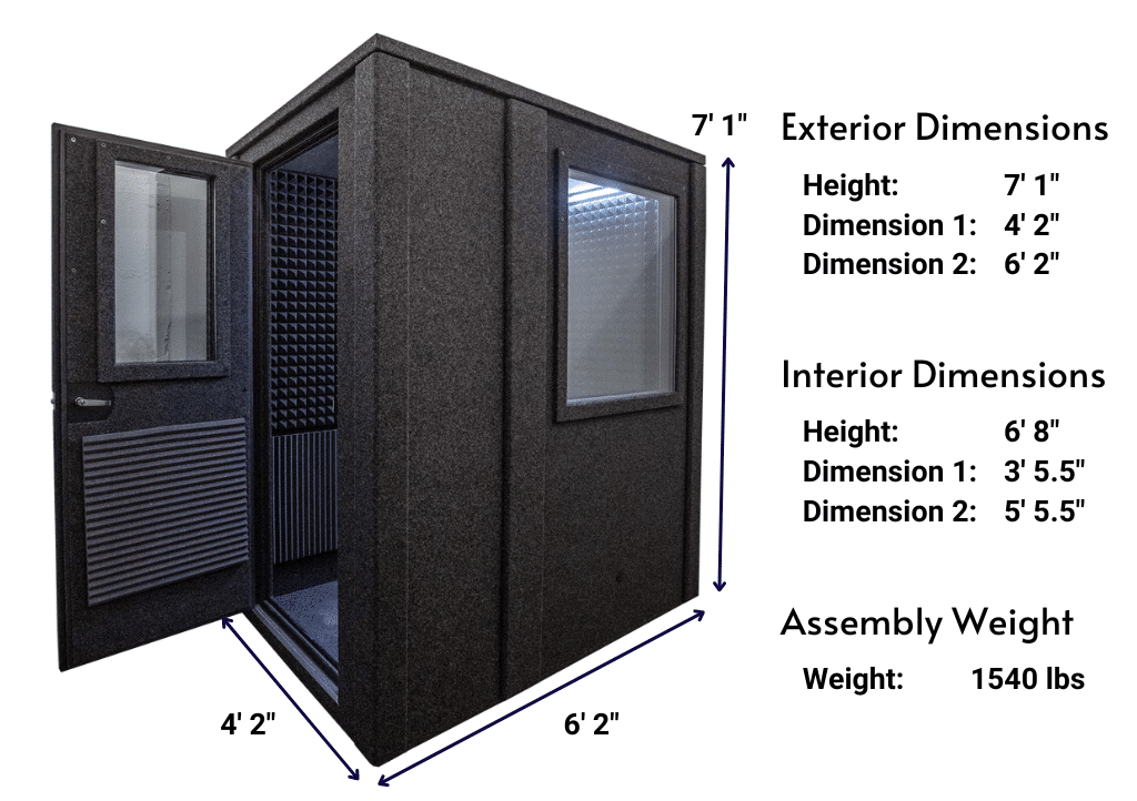 Side view image of a WhisperRoom MDL 4872 E with the door open, featuring acoustic foam lining the interior. Marked dimensions for both the exterior and interior provide a clear indication of the booth's size and spatial layout.