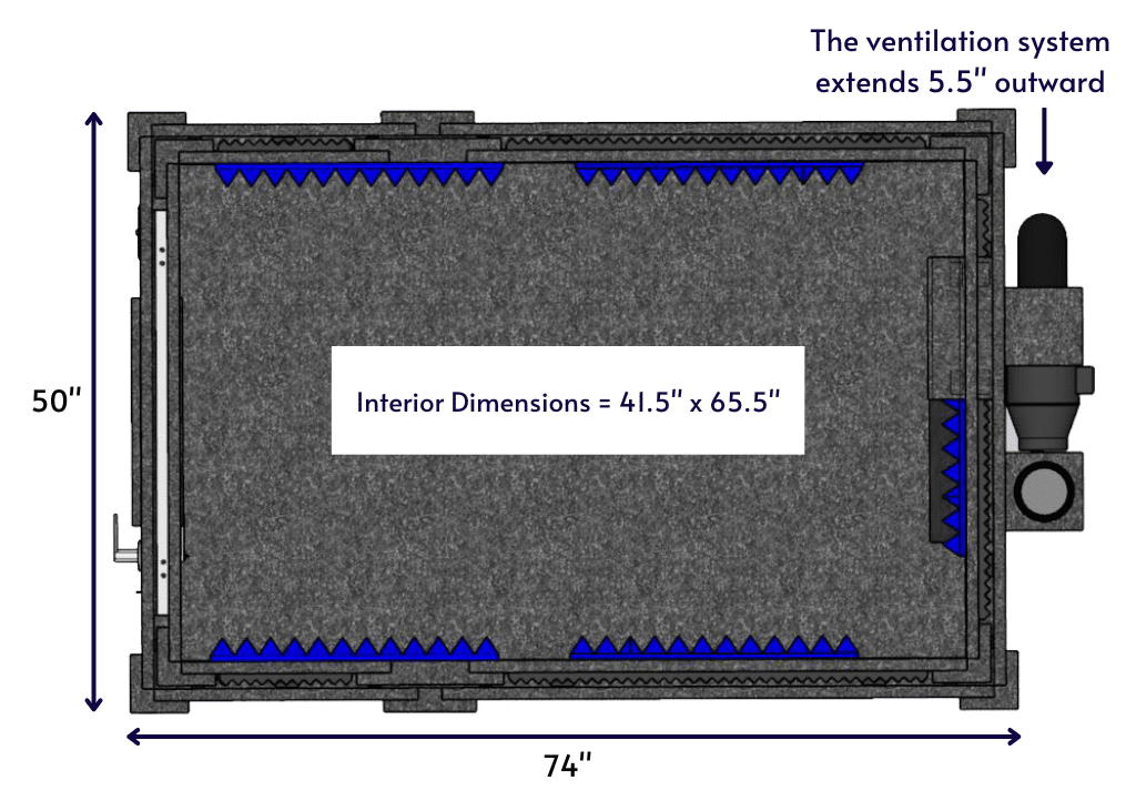 Top-down diagram of a WhisperRoom MDL 4872 E, displaying the interior and exterior dimensions.