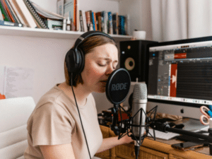 A female musician recording vocals in her home studio, surrounded by professional audio equipment. She wears headphones and sings into a microphone, capturing the essence of a creative workspace. The image highlights the dedication and focus required for success in the music business.